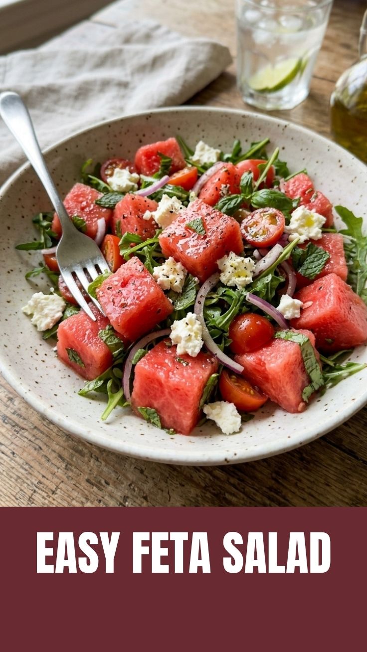 A vibrant healthy watermelon feta salad with fresh mint and balsamic glaze