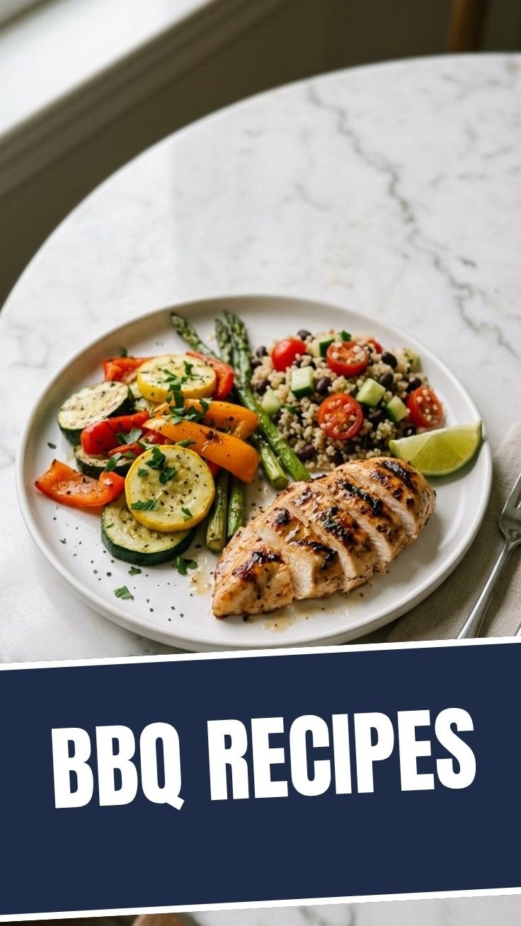 Fresh chicken and vegetables arranged on a wooden board ready for grilling