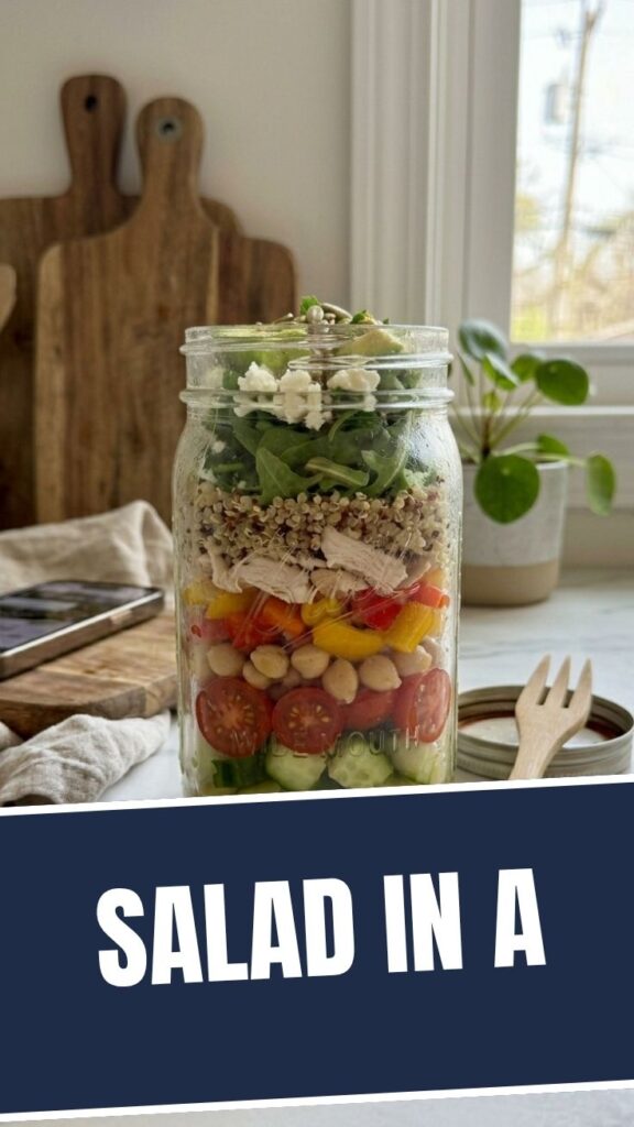 A healthy weight loss salad in a clear glass jar with layered vegetables