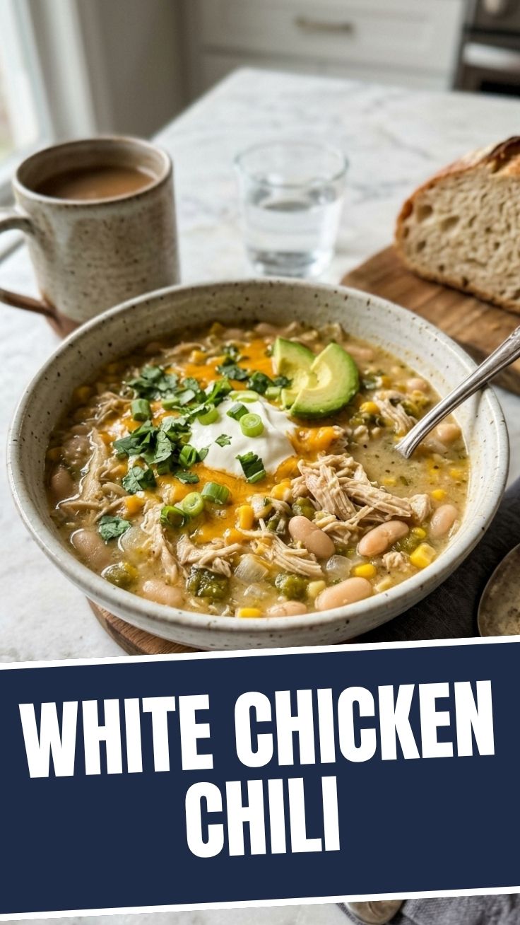 A bowl of healthy white chicken chili, garnished with fresh cilantro and a dollop of sour cream, on a wooden table.