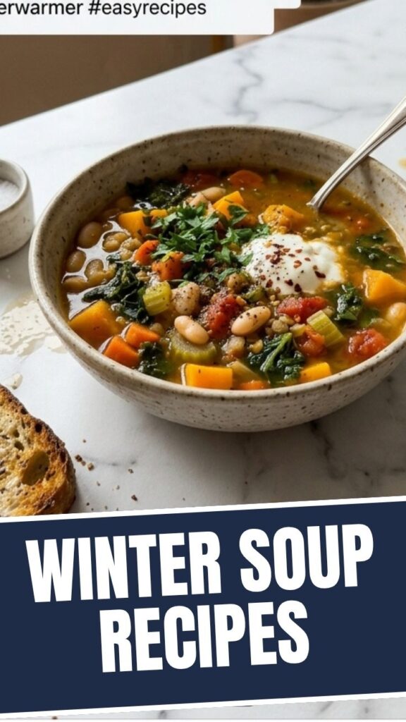 A steaming bowl of healthy winter soup, rich in vegetables, perfect for cold days.