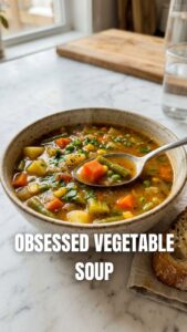 A steaming bowl of hearty vegetable soup, filled with colorful chopped vegetables.