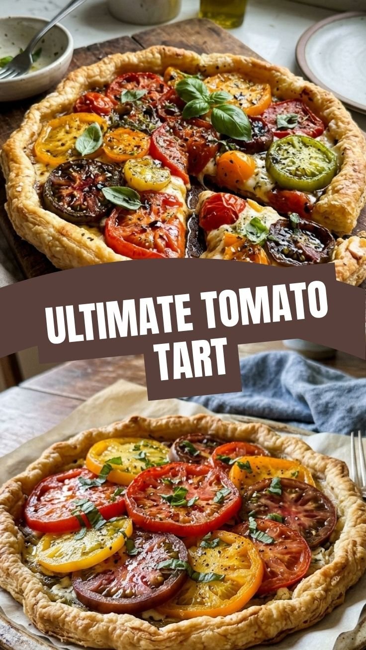 Rustic heirloom tomato tart on a wooden board