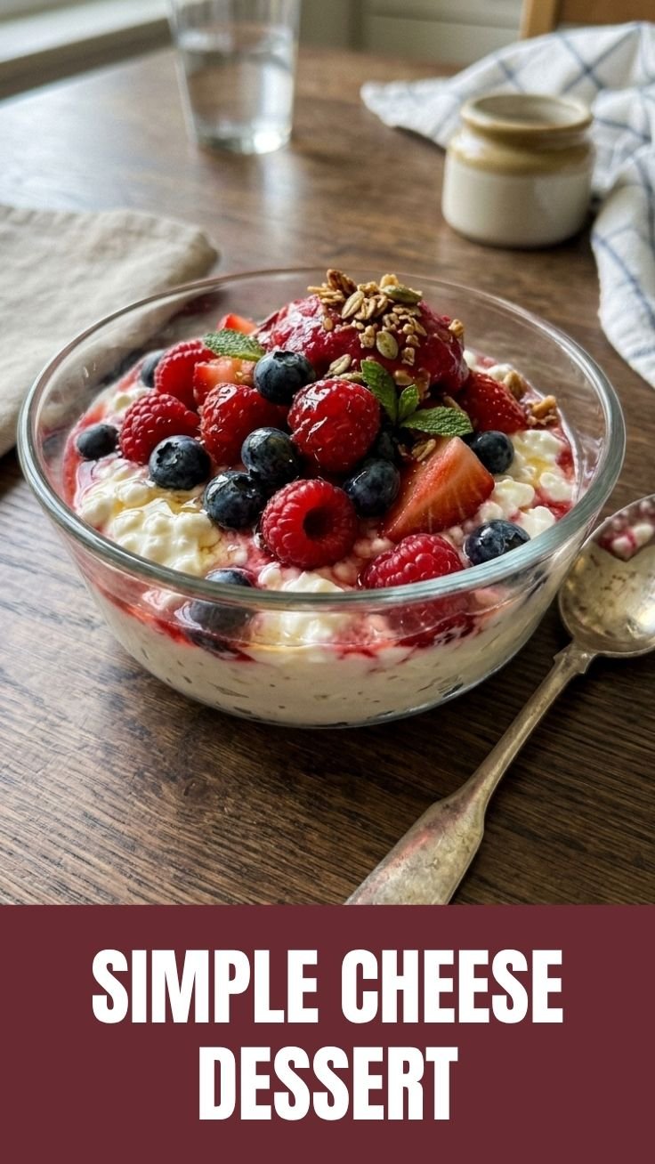 High protein cottage cheese dessert with fresh berries and chocolate drizzle
