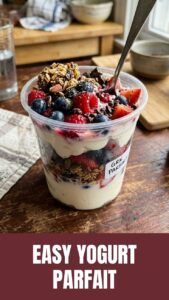 A colorful high protein Greek yogurt parfait layered with berries and granola in a clear glass.