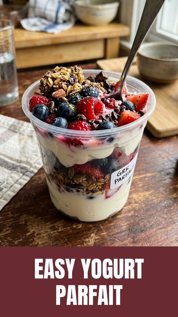 A colorful high protein Greek yogurt parfait layered with berries and granola in a clear glass.