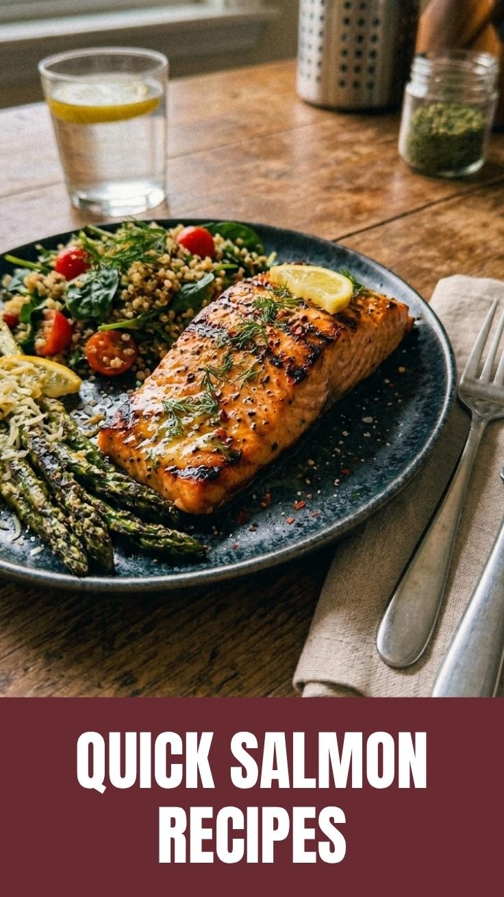 Perfectly grilled salmon fillets with herbs and lemon slices on a wooden board