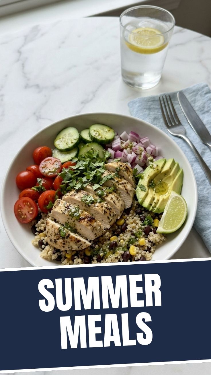 A vibrant high protein low calorie summer meals spread with fresh vegetables and lean meats.