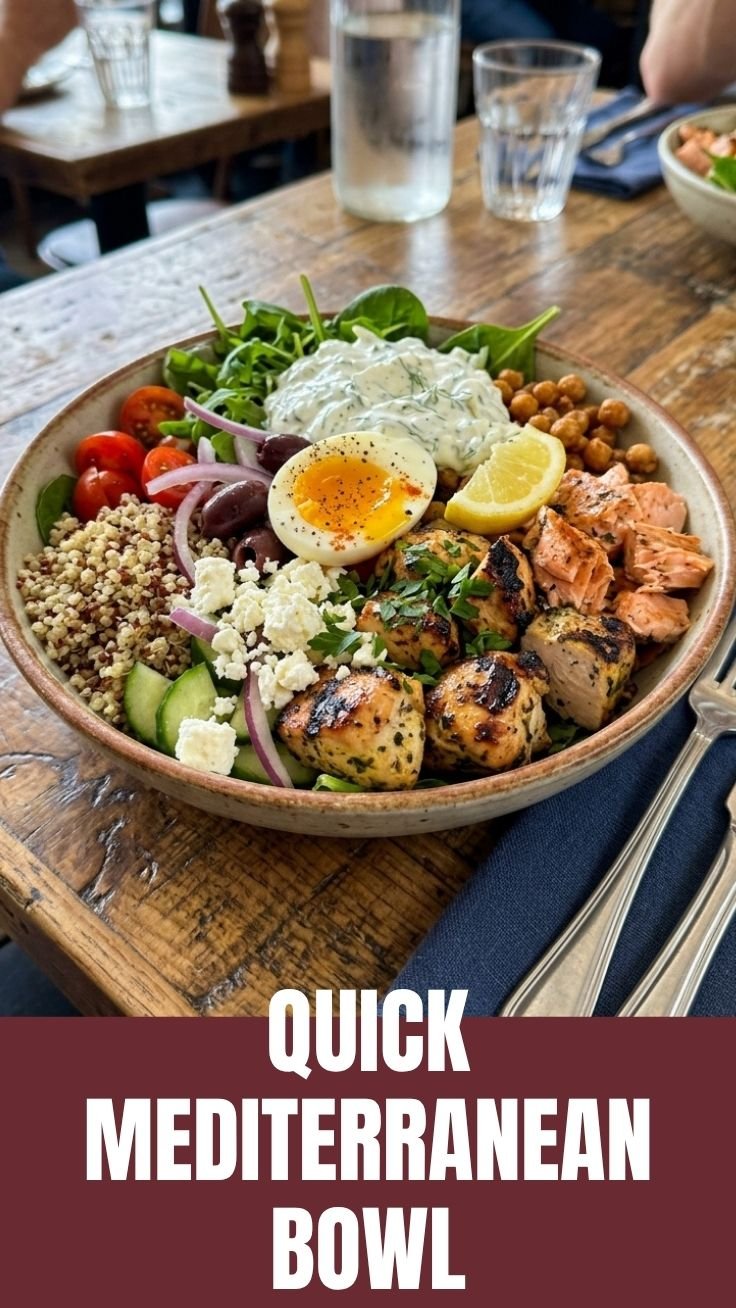 High protein Mediterranean bowl with grilled chicken and vegetables