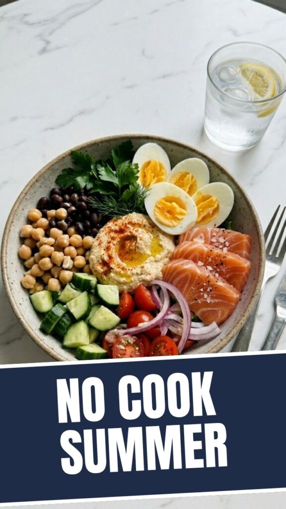 A vibrant high protein no cook summer lunch platter with fresh ingredients.