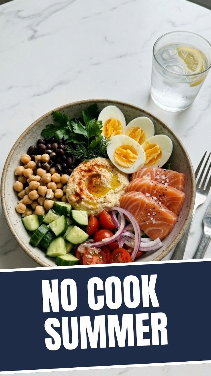 A colorful bowl of high protein no cook summer lunch with chickpeas, avocado, and fresh vegetables
