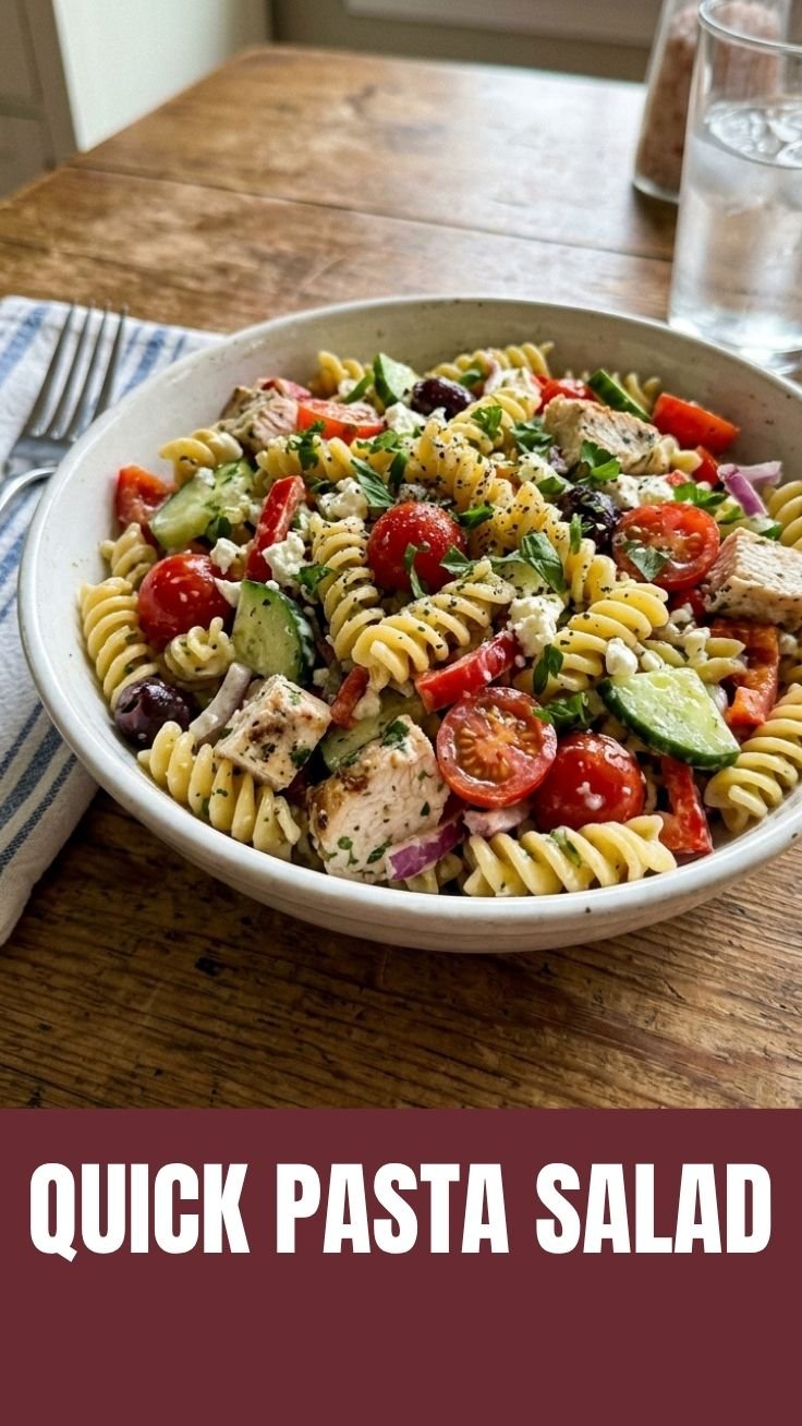 A bowl of high protein pasta salad with chicken, eggs, and colorful vegetables