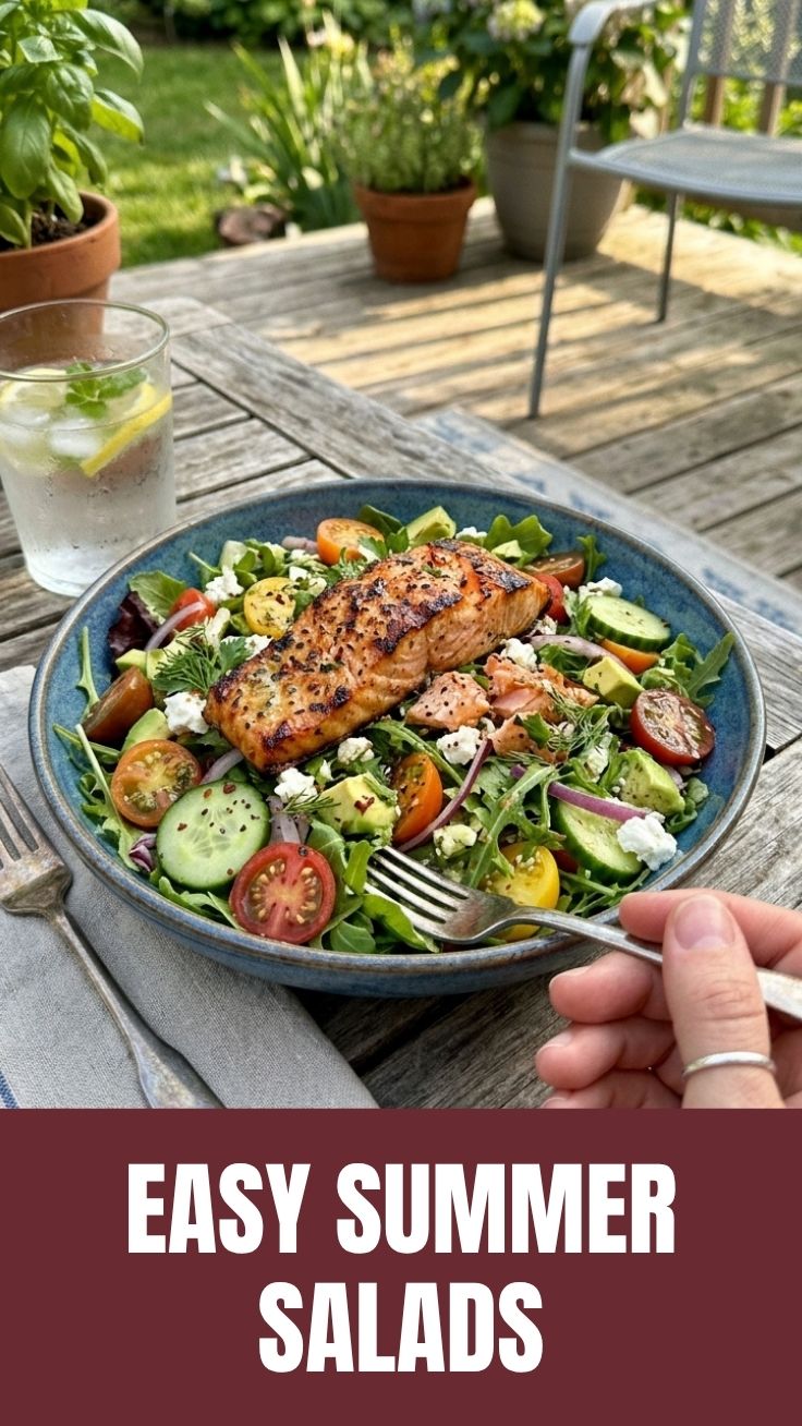 A vibrant high protein summer salad with grilled chicken and mixed greens