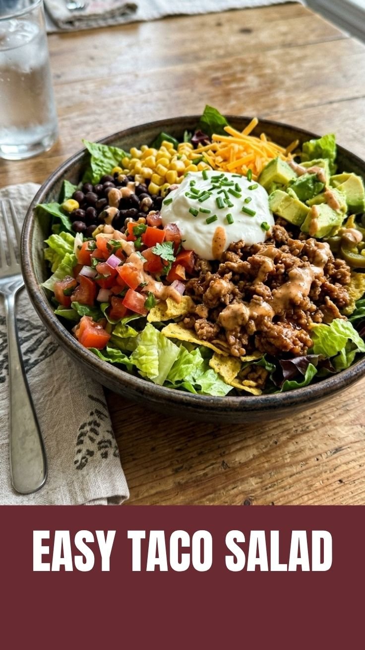 High protein taco salad bowl with beef, black beans, avocado, and creamy lime dressing