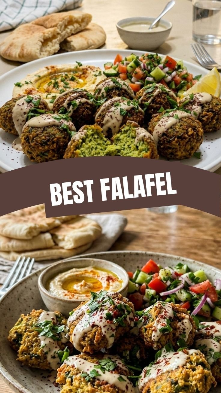 Golden brown falafel patties arranged on a platter with fresh vegetables