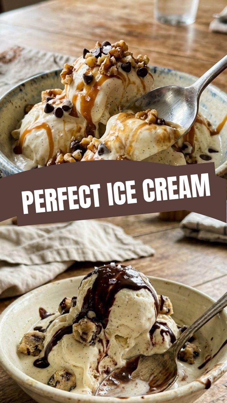 A bowl of creamy homemade vanilla ice cream, perfectly scooped.