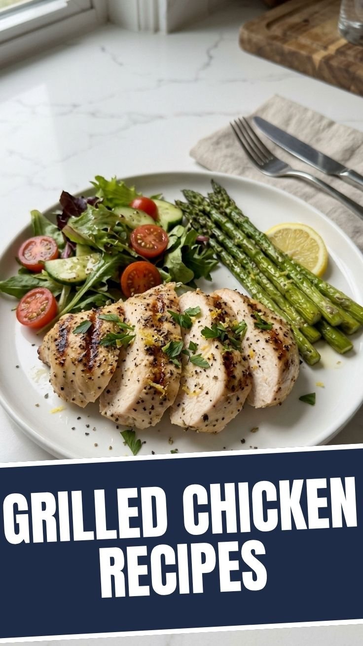 Low calorie grilled chicken recipes on a wooden cutting board with fresh herbs and lemon slices