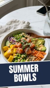 Assortment of vibrant low calorie summer bowls with fresh vegetables and lean protein.