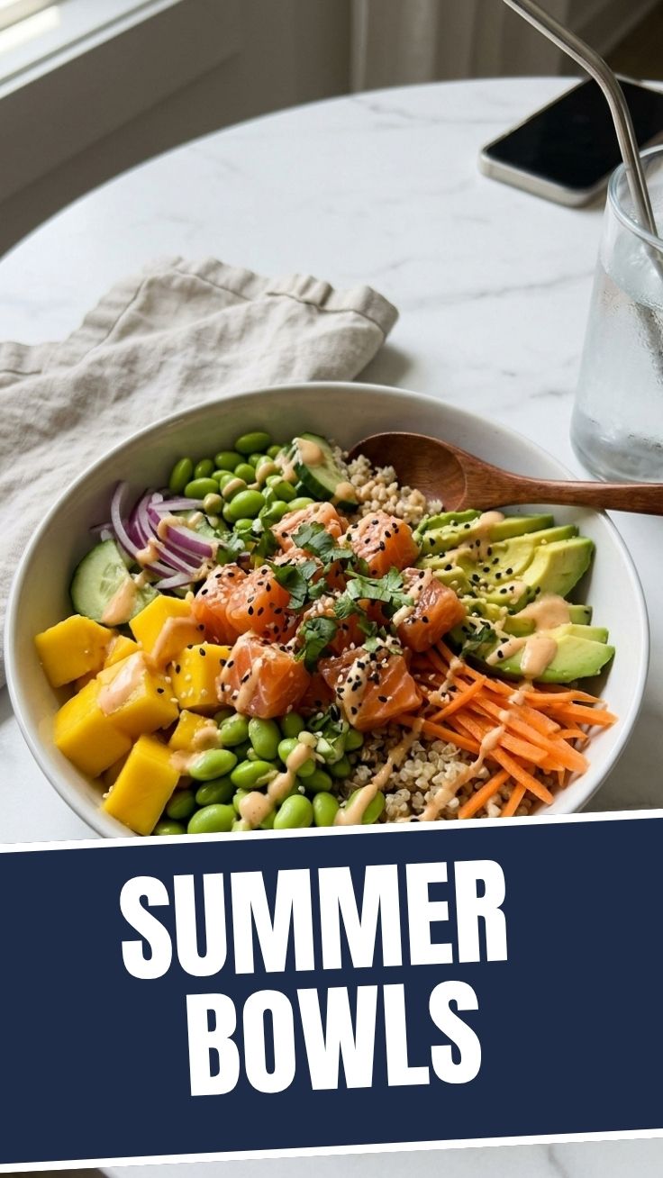 Assortment of vibrant low calorie summer bowls with fresh vegetables and lean protein.
