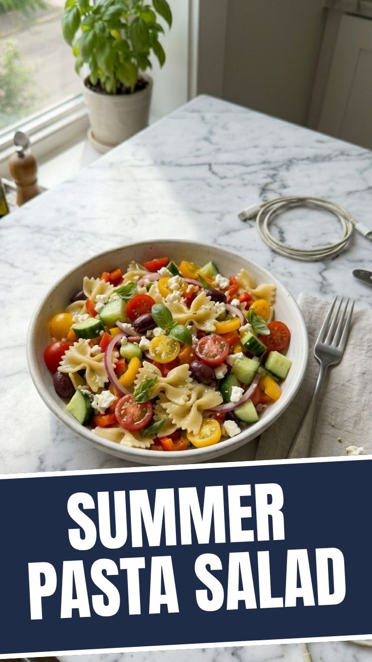 A vibrant low calorie summer pasta salad with no mayo in a large bowl