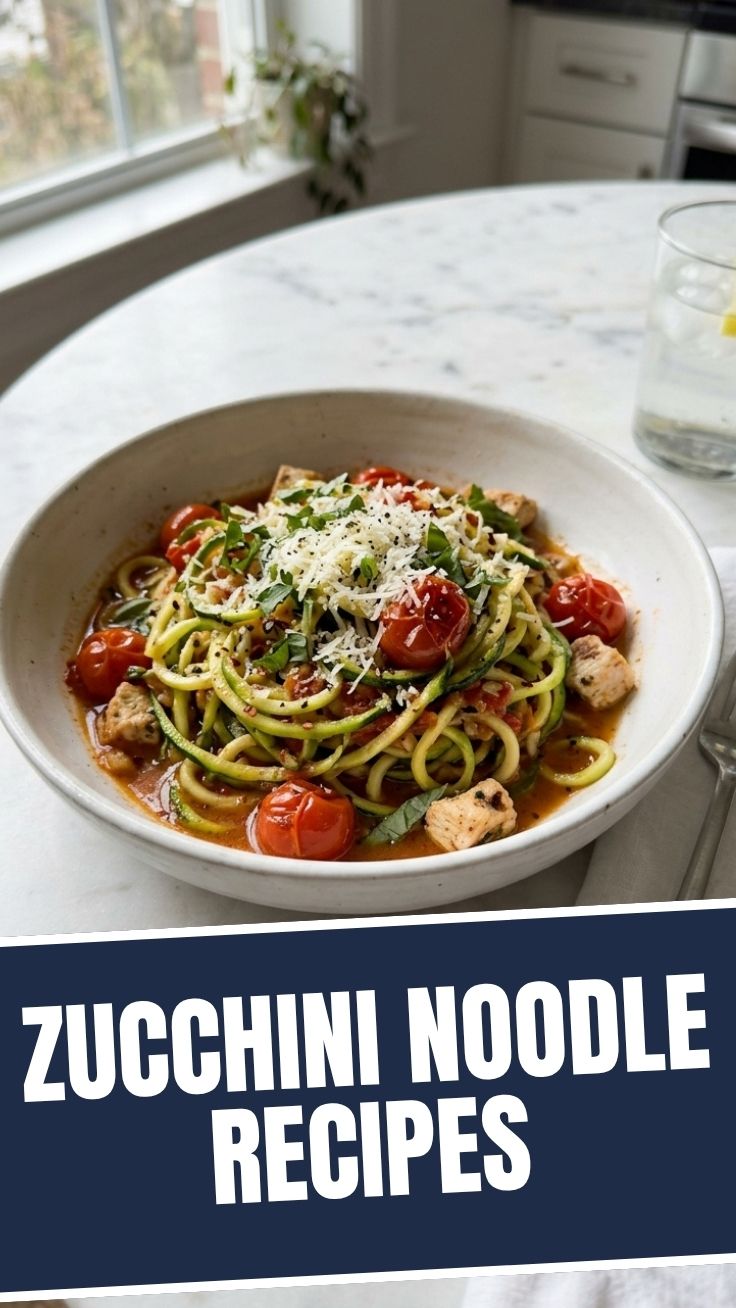 A vibrant bowl of low calorie zucchini noodle recipes with fresh vegetables.
