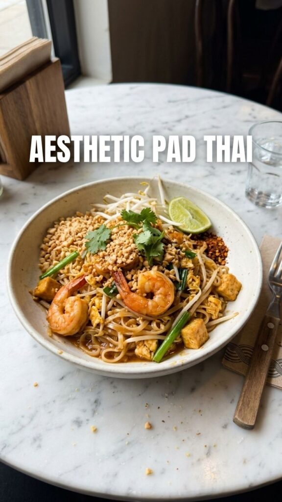 A vibrant plate of traditional Pad Thai noodles with shrimp and peanuts, ready to eat.