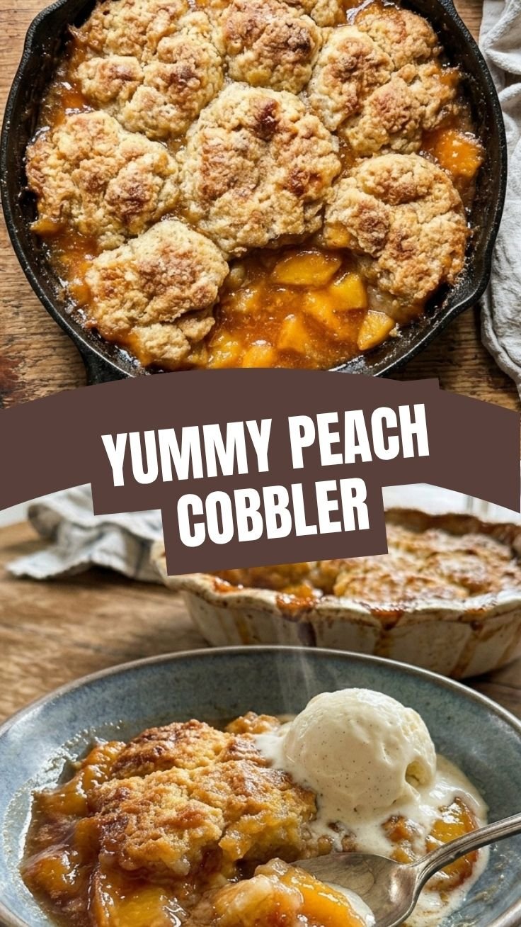 Golden peach cobbler in rustic dish