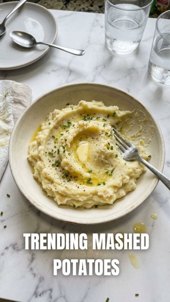 A bowl of perfectly smooth and fluffy mashed potatoes, ready to serve.