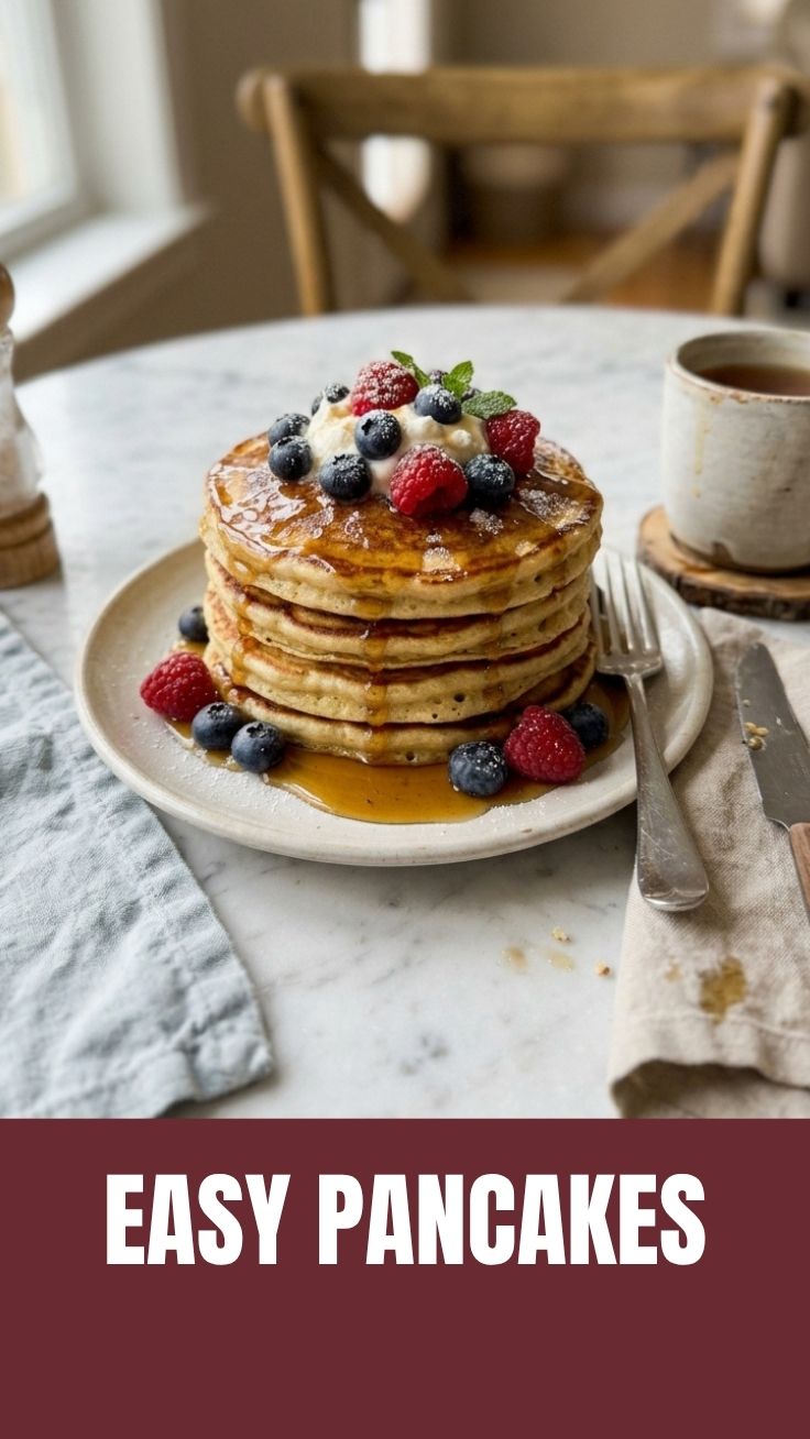 A stack of golden brown pancakes drizzled with syrup.