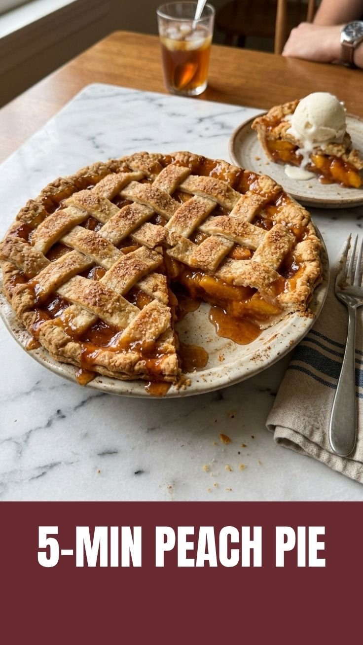 Golden peach pie slice on a plate