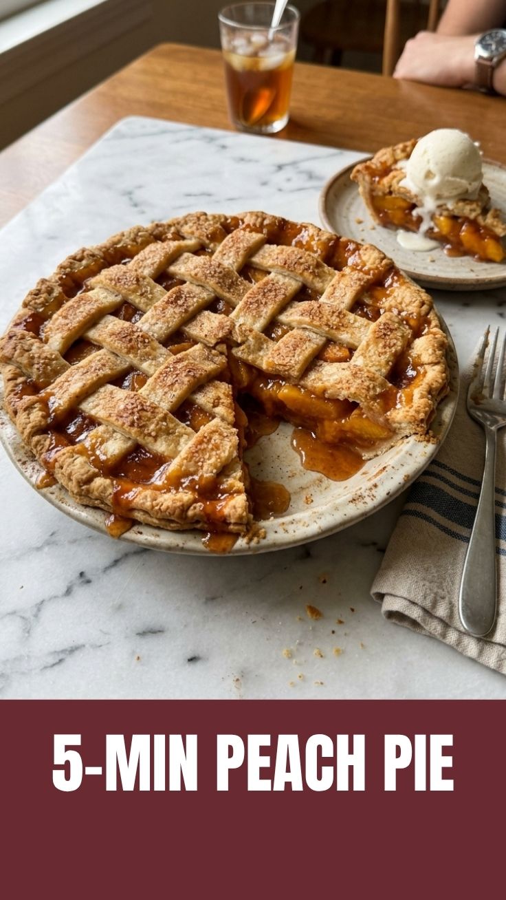 A golden-brown peach pie with a lattice top, freshly baked and warm.