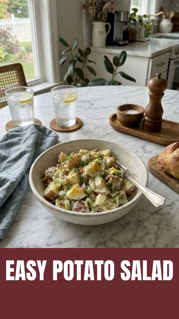 A bowl of homemade potato salad with fresh herbs.