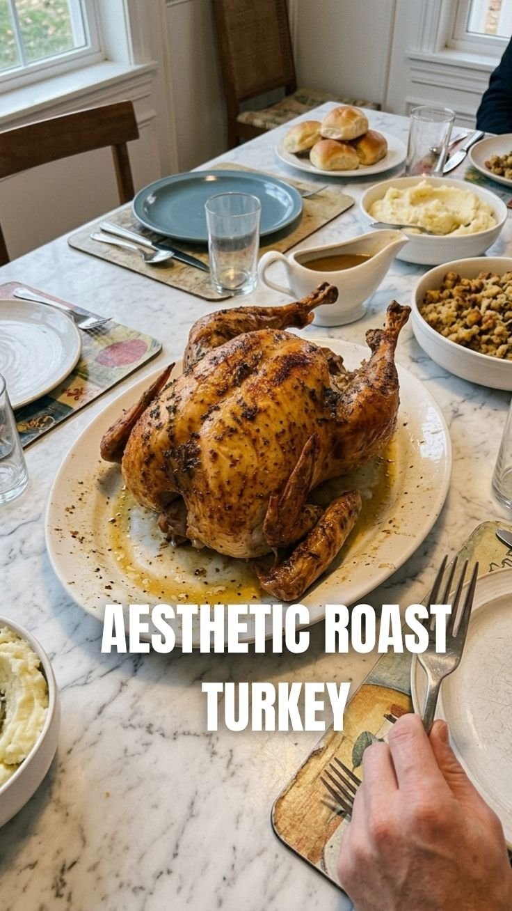 Golden brown roast turkey on a platter with fresh herbs