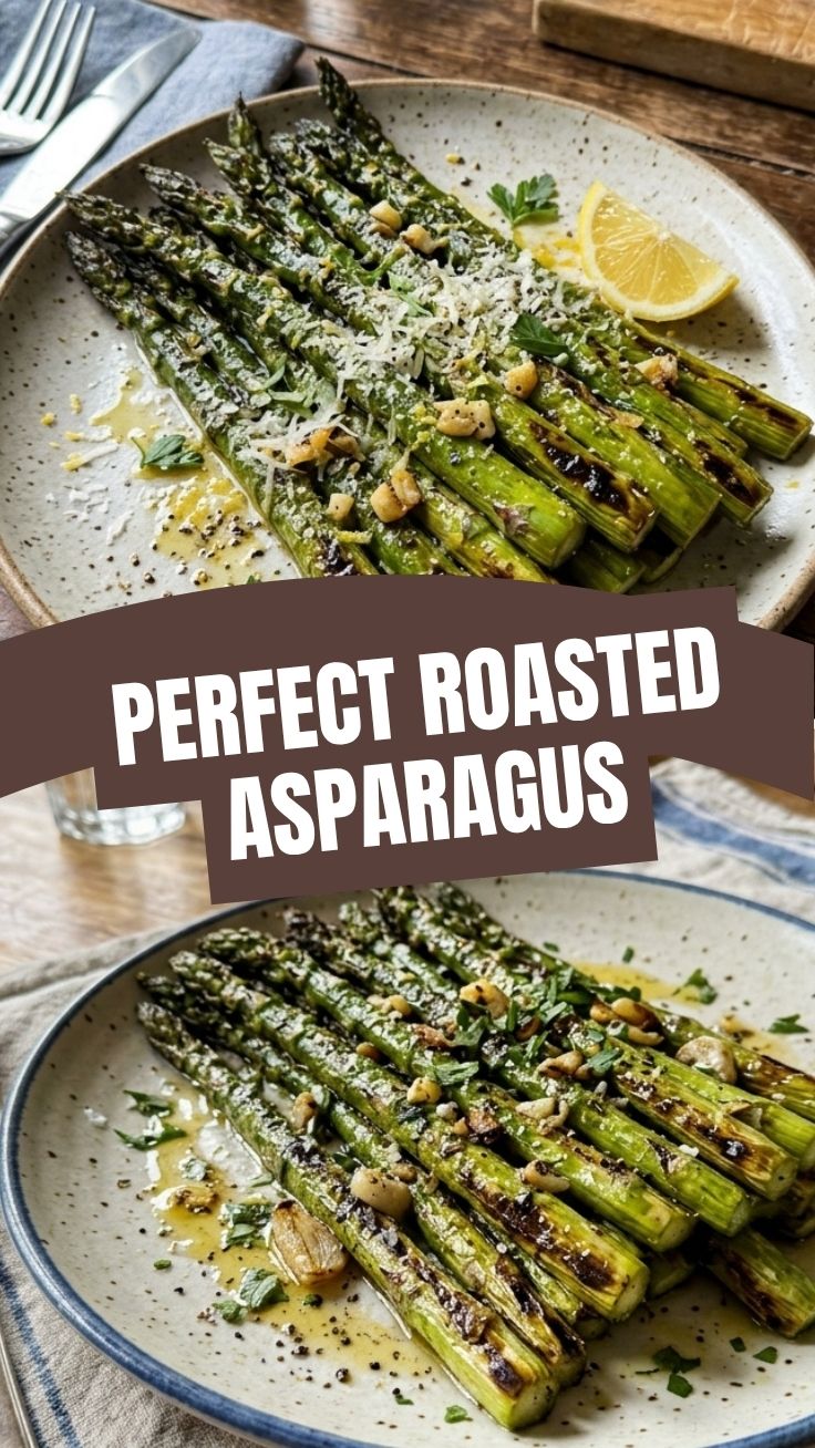 Freshly roasted asparagus stalks arranged on a serving dish.