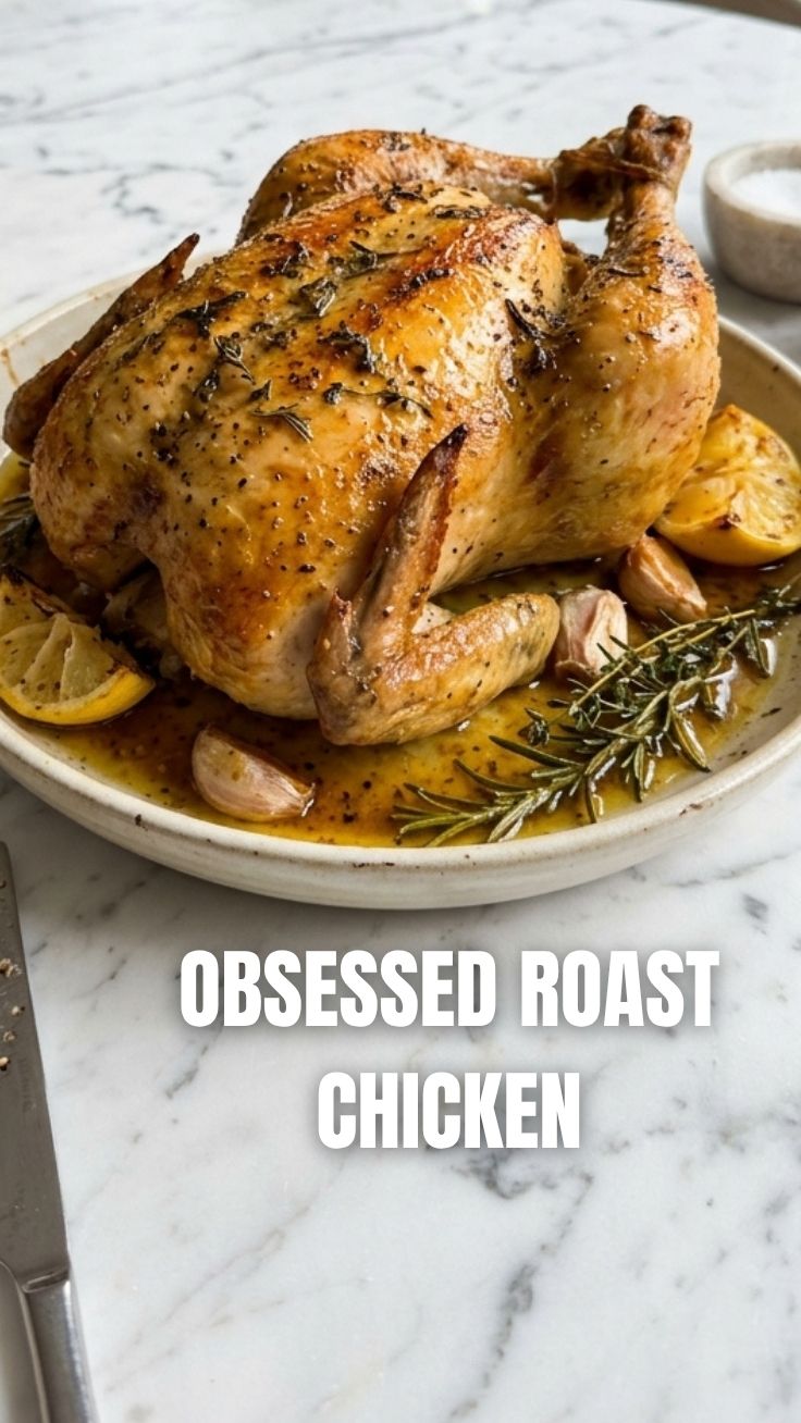 A perfectly cooked, golden brown roast chicken, ready to serve.