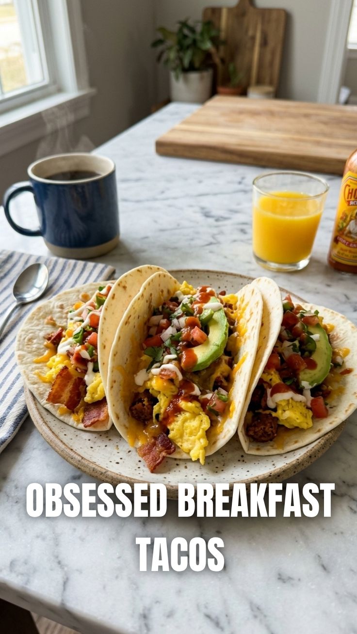 A plate with three delicious breakfast tacos, filled with eggs, cheese, and salsa.