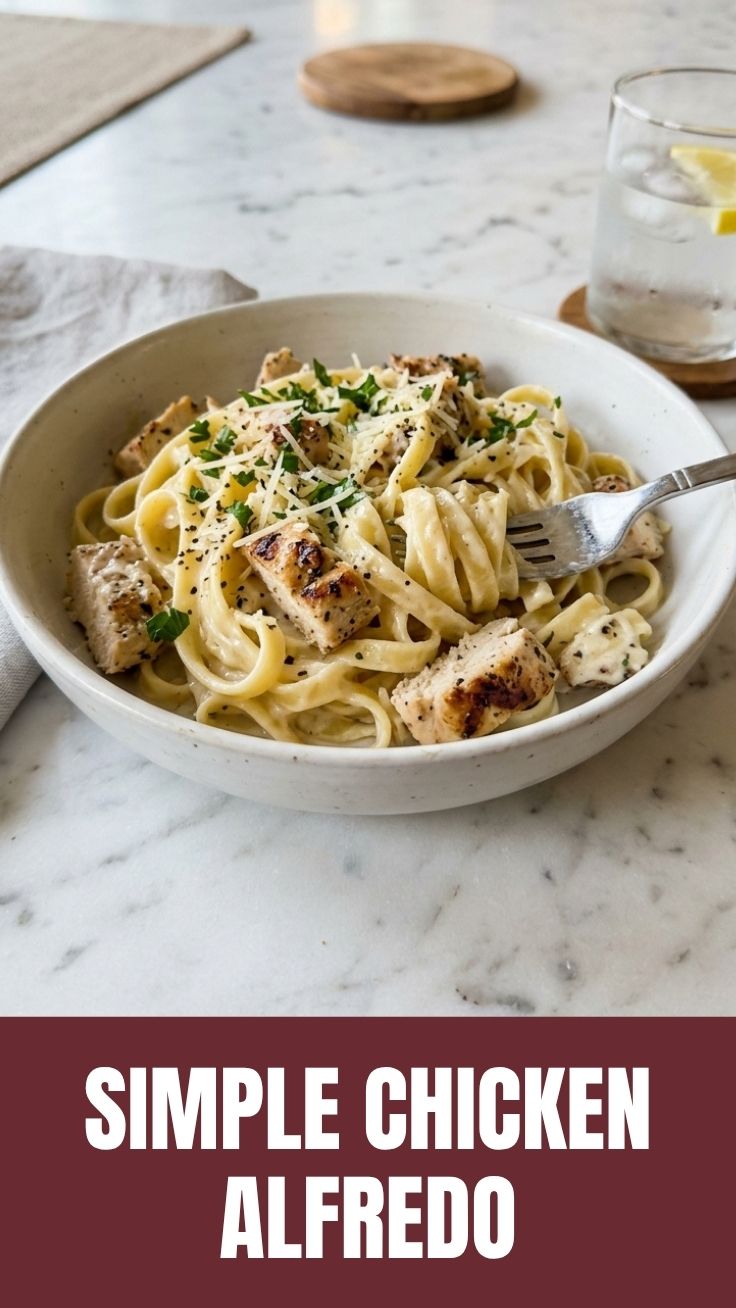 A serving of savory Chicken Alfredo pasta in a bowl with parsley garnish.