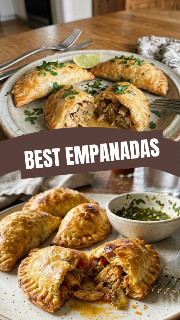 Flaky chicken empanadas on a rustic wooden platter