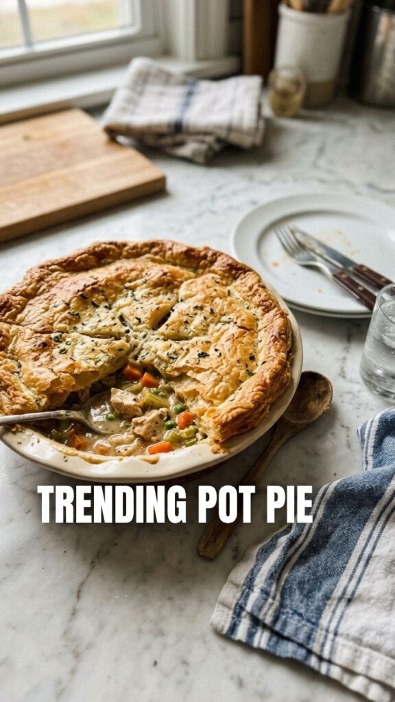 A golden, flaky-crusted chicken pot pie fresh from the oven, served in a rustic dish.