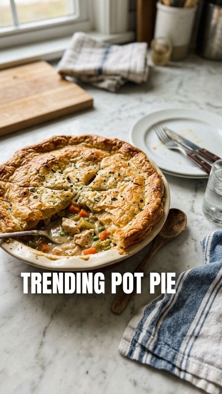 A golden, flaky-crusted chicken pot pie fresh from the oven, served in a rustic dish.