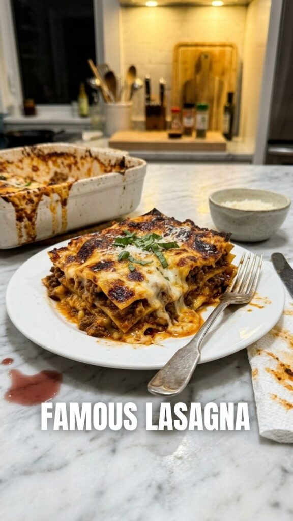A steaming, rich lasagna with melted cheese on top, ready to serve.
