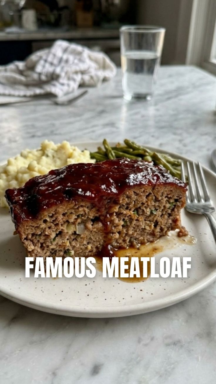 A freshly baked meatloaf, sliced and ready to serve, garnished with herbs.