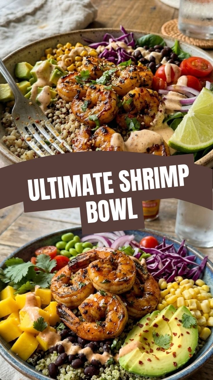 A vibrant shrimp bowl featuring fresh ingredients