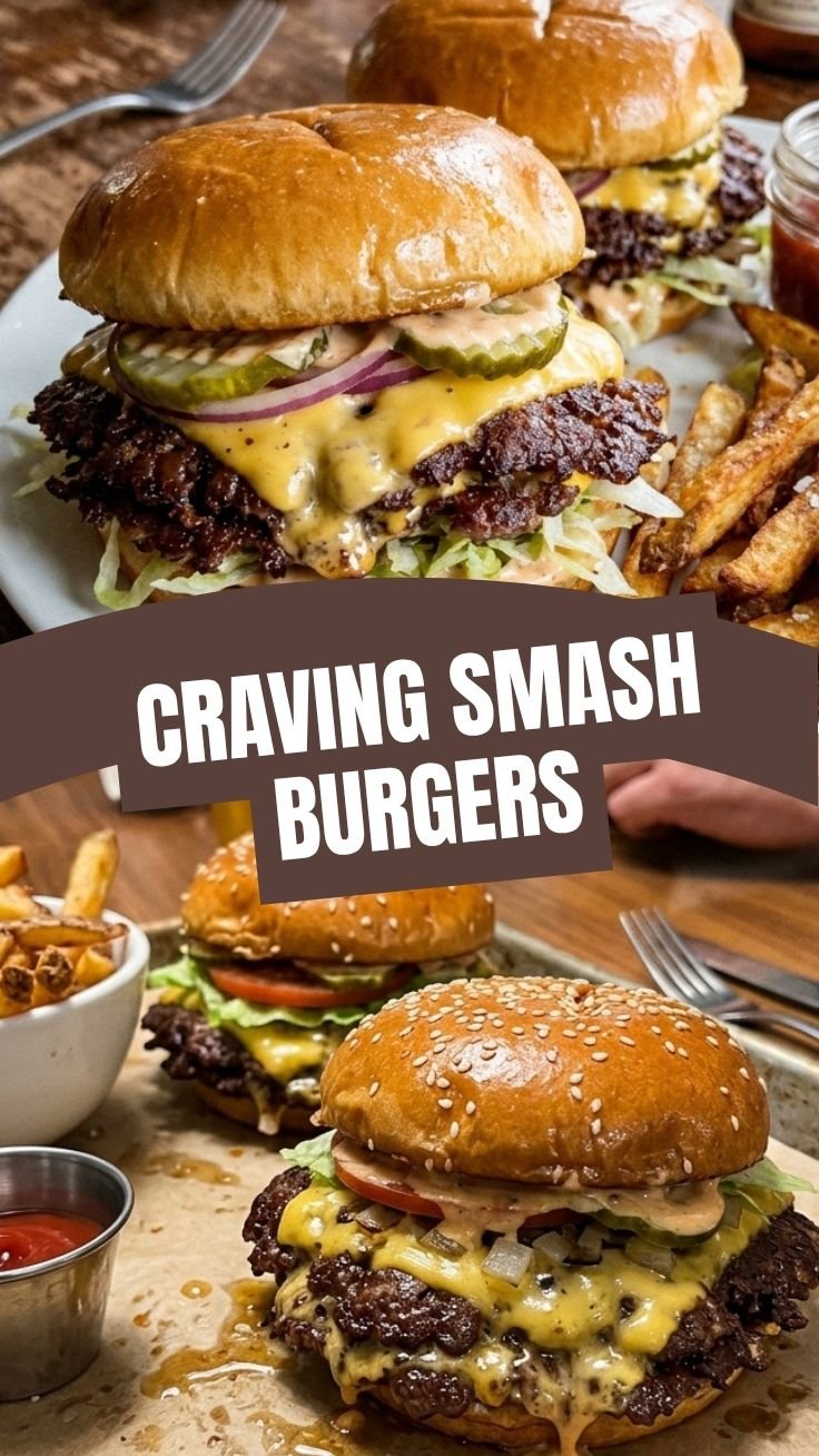 Juicy smash burgers with golden crust on a toasted bun