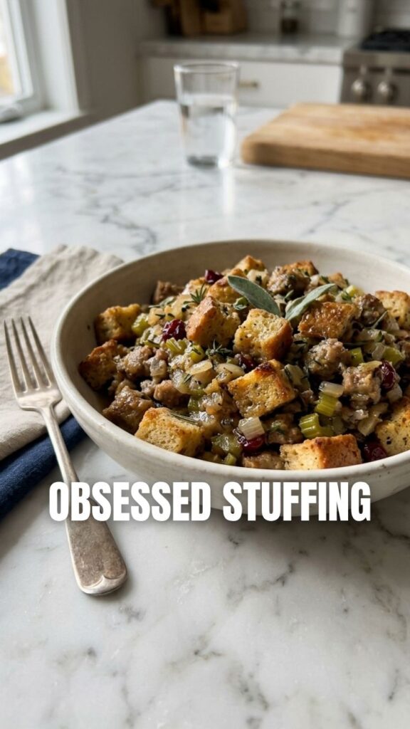 A close-up shot of savory bread stuffing, golden brown and garnished with herbs.