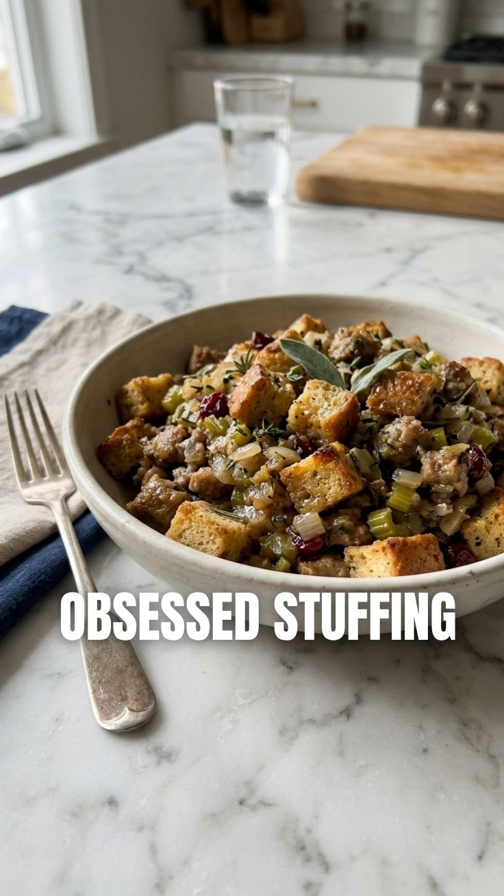 A close-up shot of savory bread stuffing, golden brown and garnished with herbs.
