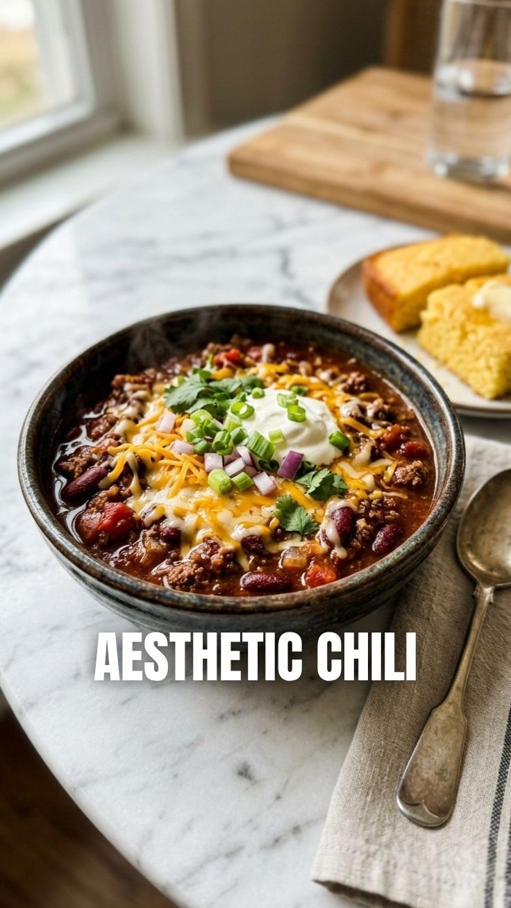 A steaming bowl of red chili garnished with fresh herbs.