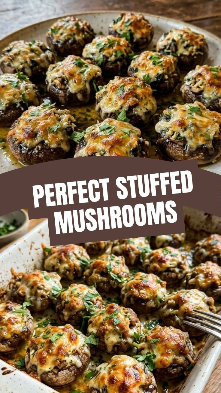 golden brown stuffed mushrooms on a serving platter with fresh herbs garnish