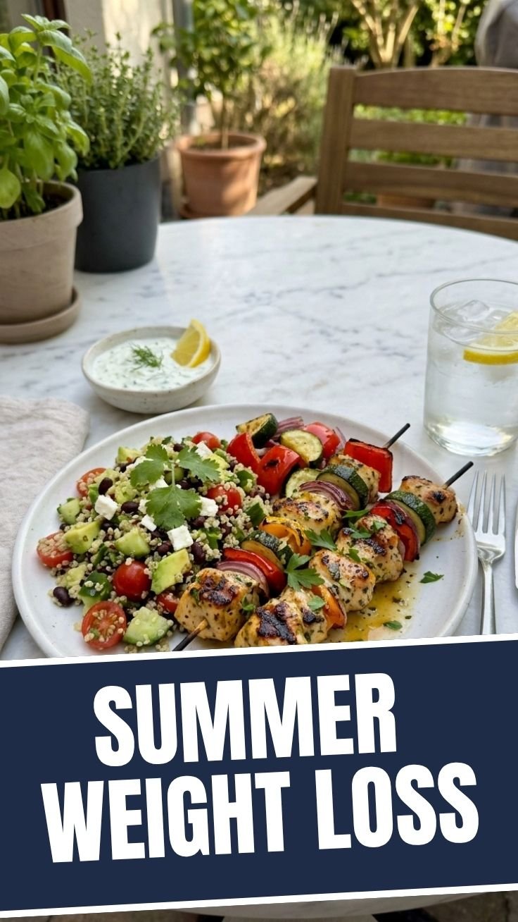 Grilled chicken with zucchini noodles in a bright summer setting