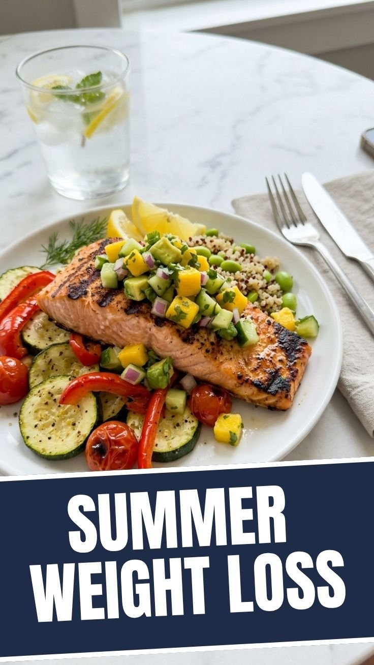 Fresh summer weight loss recipe ingredients arranged on a wooden table